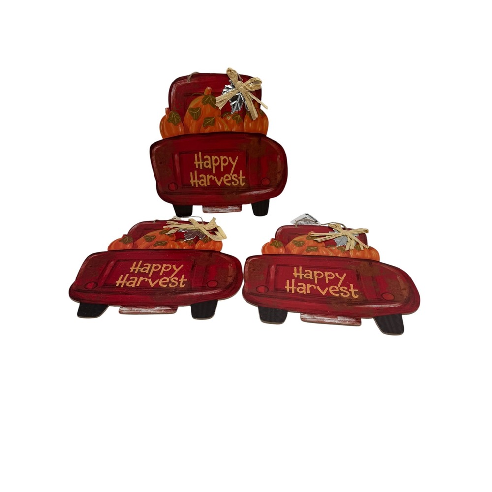 Set of 3 Happy Harvest Red Truck Pumpkin Wood Wall Decor Fall Signs Farmhouse